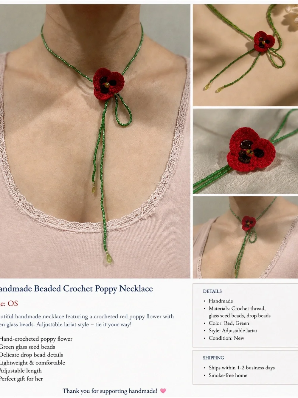 Handmade Red Crochet Poppy Necklace with Green Beaded Lariat